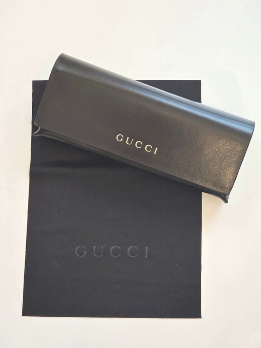 Gucci Black Leather Hard Sunglasses Case with Gold raised Logo & cleansing cloth